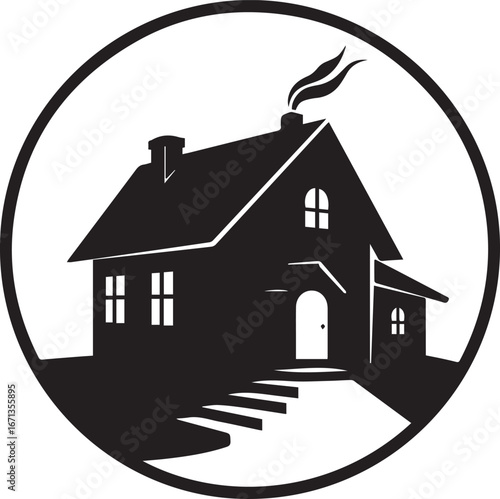 Stylized Black Silhouette of a House with Smoke from Chimney home building
