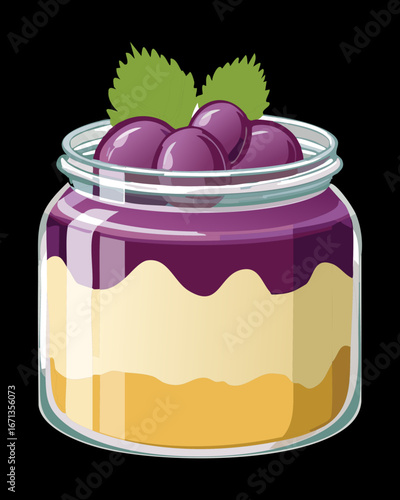 Homemade grape and cream parfait dessert in a glass jar, sweet and layered with fresh fruit - Vector Illustration