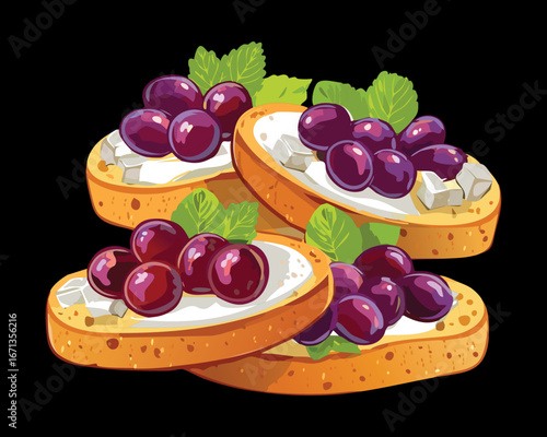 Toasted bruschetta with fresh grapes, cream cheese, and herbs, a healthy and delicious appetizer - Vector Illustration