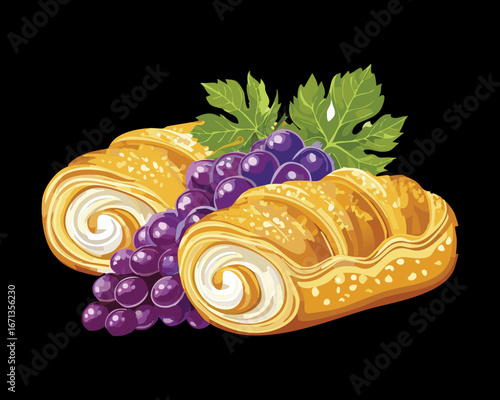 Freshly baked grape and cream cheese pastry rolls, a delicious homemade sweet for breakfast or snack - Vector Illustration
