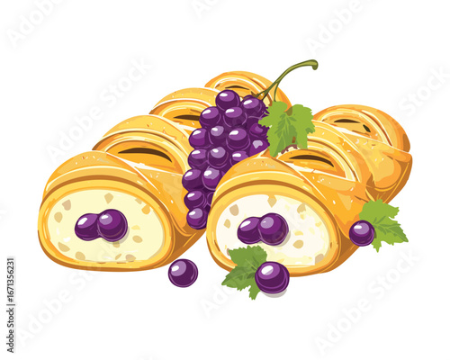 Freshly baked grape and cream cheese pastry rolls, delicious sweet treat from the bakery - Vector Illustration