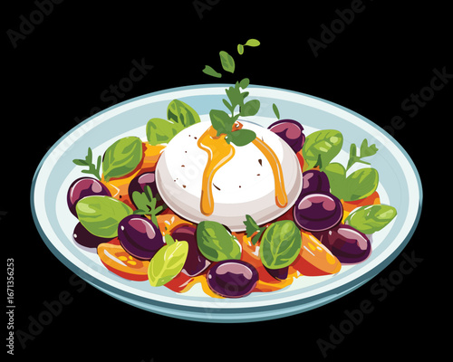 Fresh burrata cheese salad with tomatoes, basil, and pistachio nuts, a healthy and gourmet appetizer - Vector Illustration