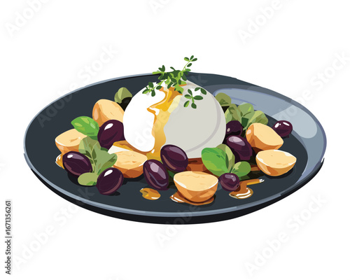 Burrata cheese salad with a mix of nuts and grapes, a healthy and delicious appetizer on a black plate - Vector Illustration