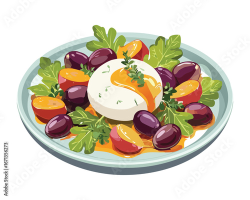 Caprese salad with burrata cheese, cherry tomatoes, and basil, fresh Italian appetizer on a white plate - Vector Illustration