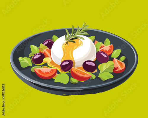 Delicious burrata cheese salad with ripe tomatoes and olives, a fresh and healthy Italian appetizer - Vector Illustration