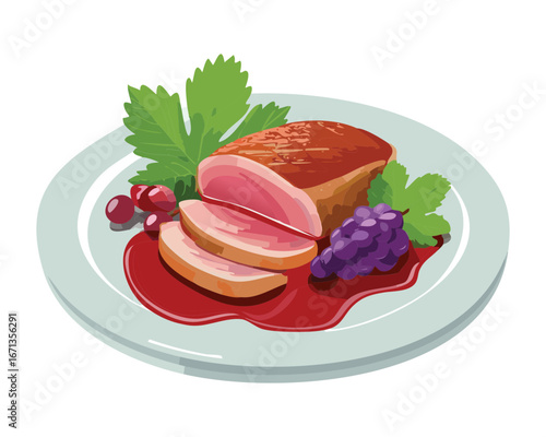 Sliced roasted pork with fresh grapes on a white plate, a classic and delicious gourmet meat dish - Vector Illustration