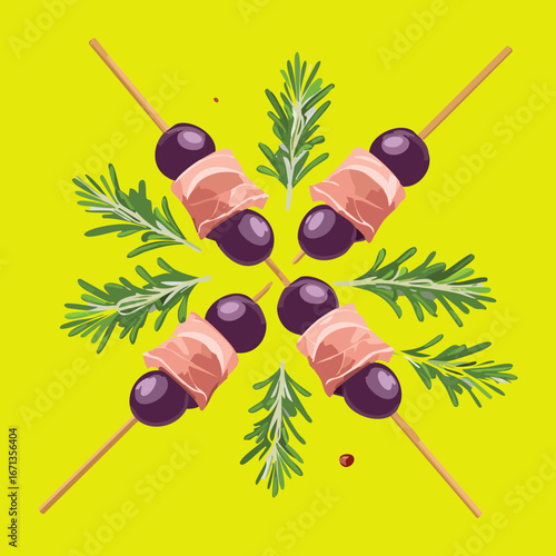 A stylishly arranged food skewer with meat, olives, and herbs on a stick - Vector Illustration