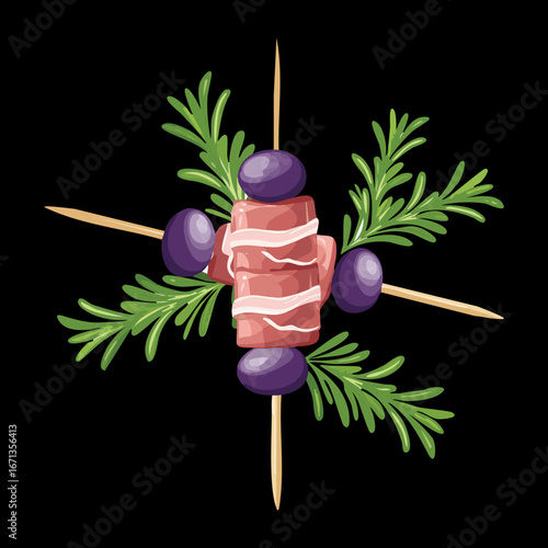 An elegant skewer with roasted meat, sweet grapes, and fragrant herbs for a fancy appetizer - Vector Illustration