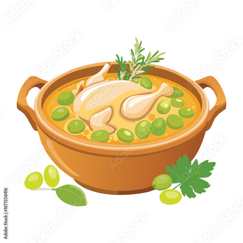 A traditional chicken and pea soup or stew in a rustic bowl, perfect for a cold day - Vector Illustration