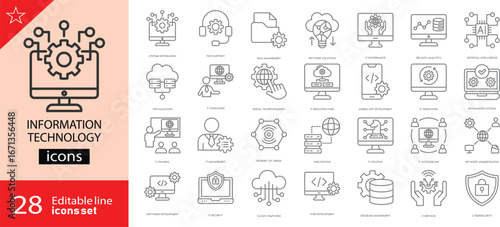 Information Technology icons set. Including cloud computing, IT manager, big data, data analytics, internet, and network security. Editable stroke. Outline icons. Perfect for infographics.