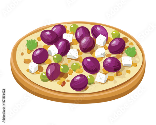 Homemade pizza with sweet grapes, creamy cheese, and fresh herbs perfect for a snack - Vector Illustration
