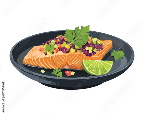 A light and fresh dish of grilled salmon with chopped green herbs, served with a lime wedge on the side - Vector Illustration