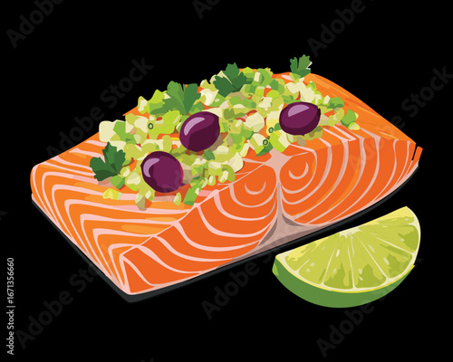 A delicious dish of grilled salmon with a slice of fresh lime and parsley, a perfect meal for a healthy dinner - Vector Illustration