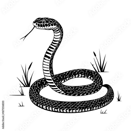 Vintage black and white drawing of a cobra snake with its tongue out in a wary position. This illustration can be used for symbols and logos related to adventure, danger, courage, or wildlife.