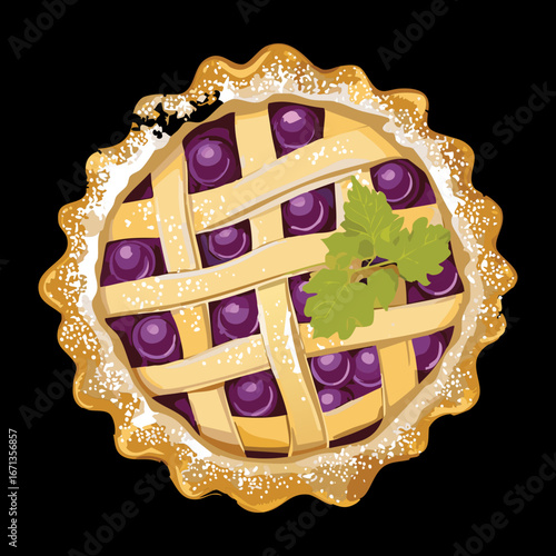 Traditional grape pie with lattice top crust and fresh blueberries, classic dessert on rustic table - Vector Illustration