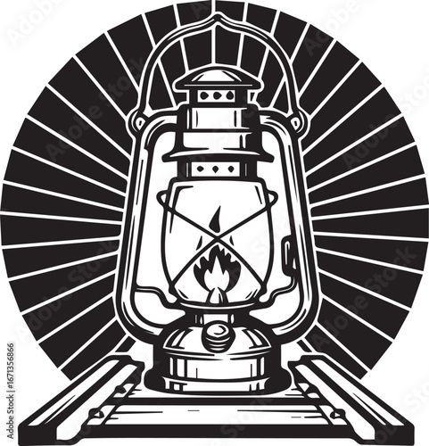 Vintage kerosene lantern on railroad tracks with radiating lines on a white background oil lamp light