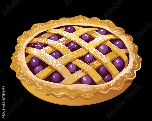 The perfect side view of a round, freshly baked grape pie with a decorative braided crust and juicy fruit filling - Vector Illustration