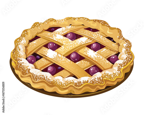 A realistic style illustration of a perfect, freshly baked grape pie with a unique lattice crust and ripe purple fruit filling - Vector Illustration