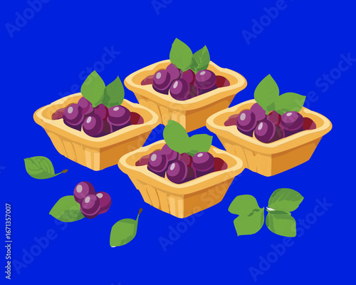 A set of sweet grape tartlets in a blue dish with a creamy filling - Vector Illustration

