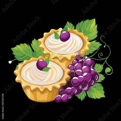 A delicious set of three sweet grape tartlets with creamy filling - Vector Illustration

