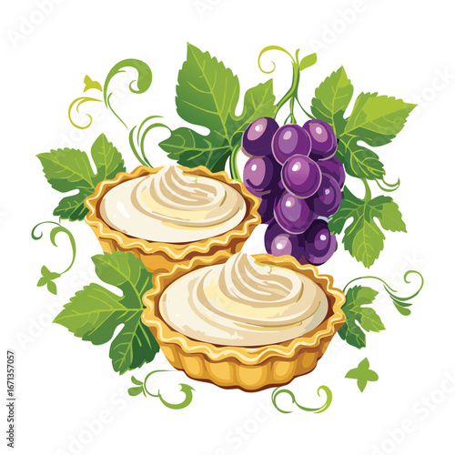 A delicious bunch of grapes with sweet tartlets - Vector Illustration

