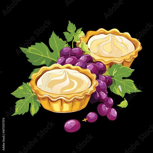 A set of delicious grape tartlets with creamy filling on a black background - Vector Illustration

