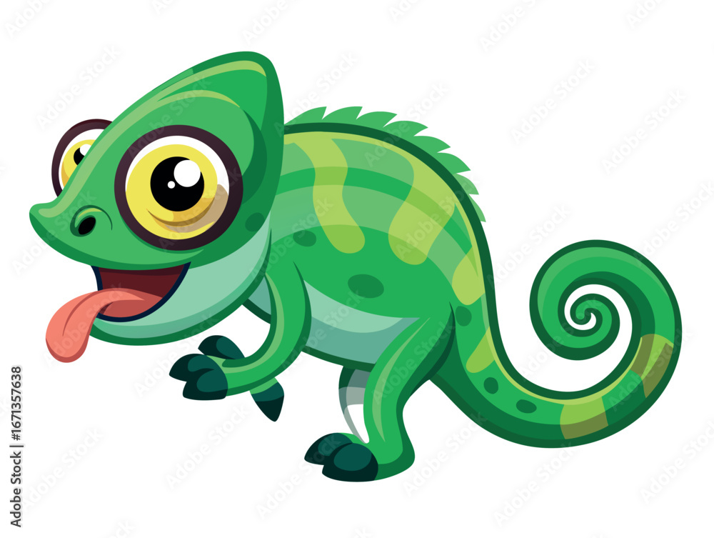Obraz premium Cartoon green chameleon with tongue sticking out isolated on white background