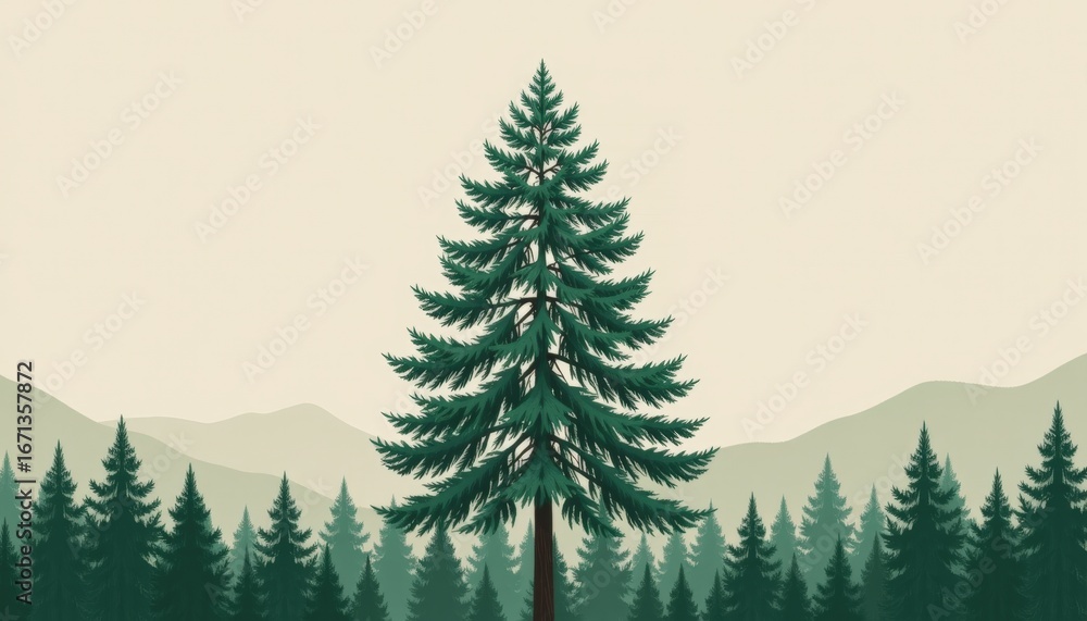 Fototapeta premium Minimalist Evergreen Forest Scene with Serene Pastel Background