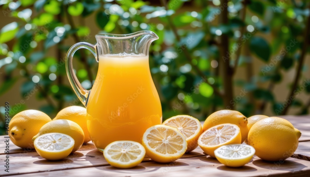 Naklejka premium Colorful Ceramic Pitcher with Fresh Citrus and Lemons