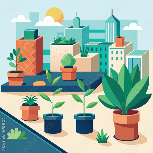 Urban Rooftop Garden Flat Vector Illustration with Plan