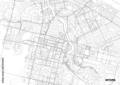 Vector city map of Astana showing detailed highways and urban layout in zoomed view with city streets and infrastructure.
