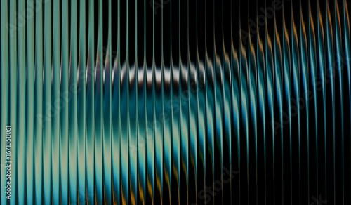 Vibrant fractal gradient with smooth distortion texture on iridescent glass ripple background, green and black gradient with vertical ribbed glass effect