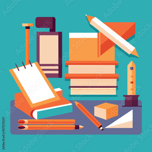 Bookbinding Tools and Paper Sheets Flat Vector Illustration Collection