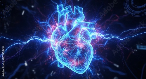 Vibrant digital human heart illuminated by powerful blue electrical impulses, symbolizing advanced cardiology and futuristic technology.
