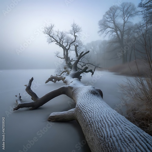 Grey Winter Landscape with Old Fallen Tree by Foggy Lake