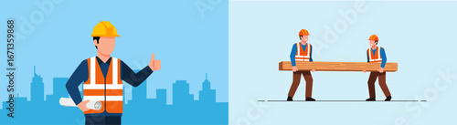 A two-part image showing construction workers. On the left, a worker in a hard hat and safety vest gives a thumbs up. On the right, two workers carry a large wooden beam.