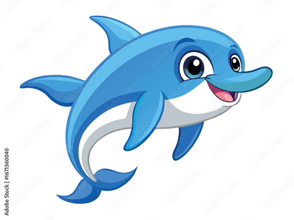 Fototapeta premium Cartoon blue dolphin swimming in the ocean isolated on white background
