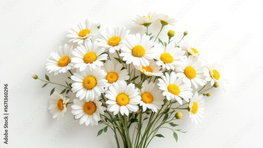 Obraz premium A bright bouquet of daisies with yellow centers and white petals on a white background in a studio shot