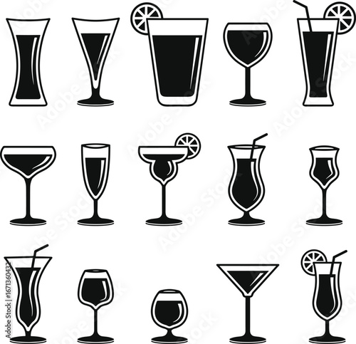 Drink glass icons, cocktail silhouettes, wine glass, champagne flute, martini, tumbler, highball, garnish, straw, barware, beverage design, alcohol symbols, black and white, minimal style