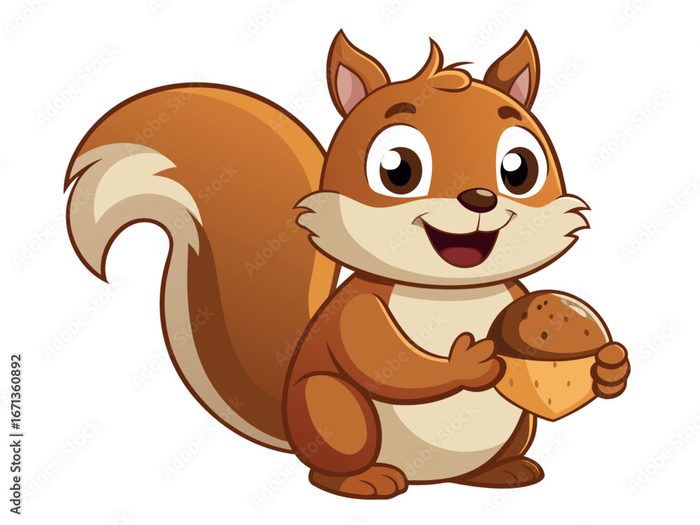 Obraz premium Cartoon squirrel holding an acorn isolated on white background