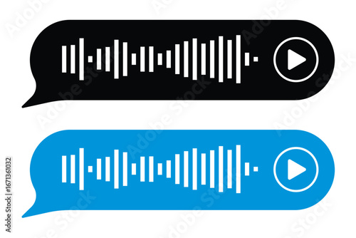 Voice message. Record voice note messages players with waveforms, playback controls, durations audio icons. Cell phone UI design, smartphone chat app, podcast interfaces elements. Vector set in eps 10
