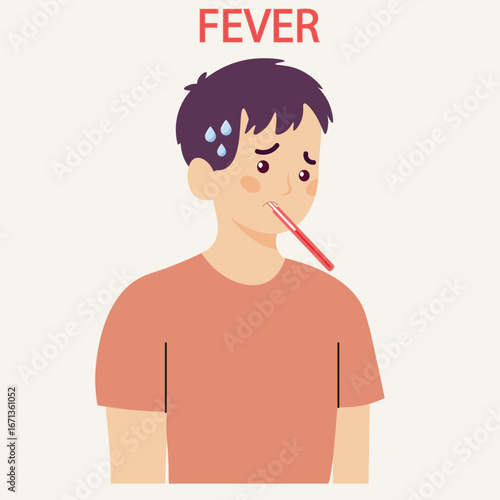 Fever vector illustration showing high temperature, headache, chills, sweating and fatigue, with related diseases like flu, dengue, malaria and viral infections.