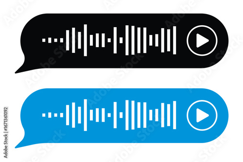 Voice message. Record voice note messages players with waveforms, playback controls, durations audio icons. Cell phone UI design, smartphone chat app, podcast interfaces elements. Vector set in eps 10