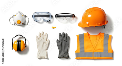 High resolution studio photograph of infographic ppe flat lay on clean white background with bright even lighting