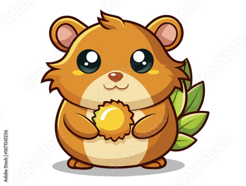 Cartoon hamster holding a golden ball isolated on white background