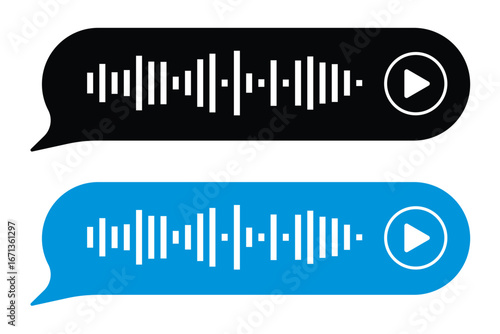 Voice message. Record voice note messages players with waveforms, playback controls, durations audio icons. Cell phone UI design, smartphone chat app, podcast interfaces elements. Vector set in eps 10