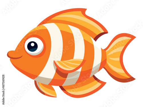 Cartoon orange and white striped fish isolated on white background