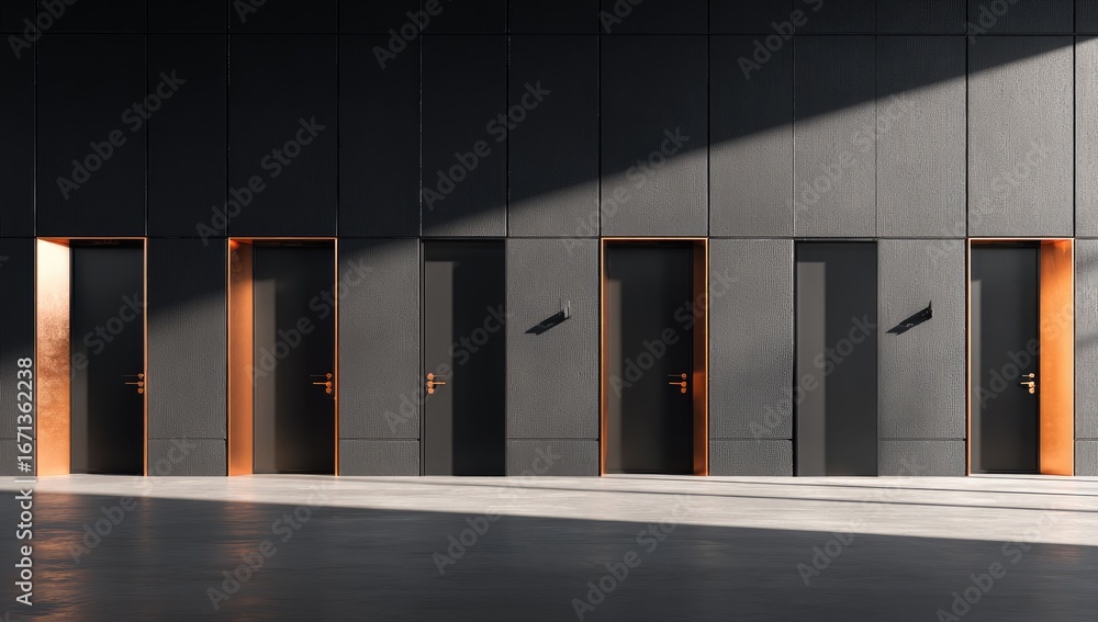 Obraz premium Modern interior, dark gray walls, copper door handles, sunlit hallway