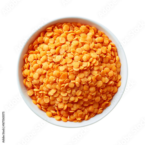 Orange lentil in white bowl on transparent background