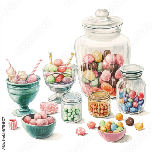 a cute explosion of colorful candies in jars